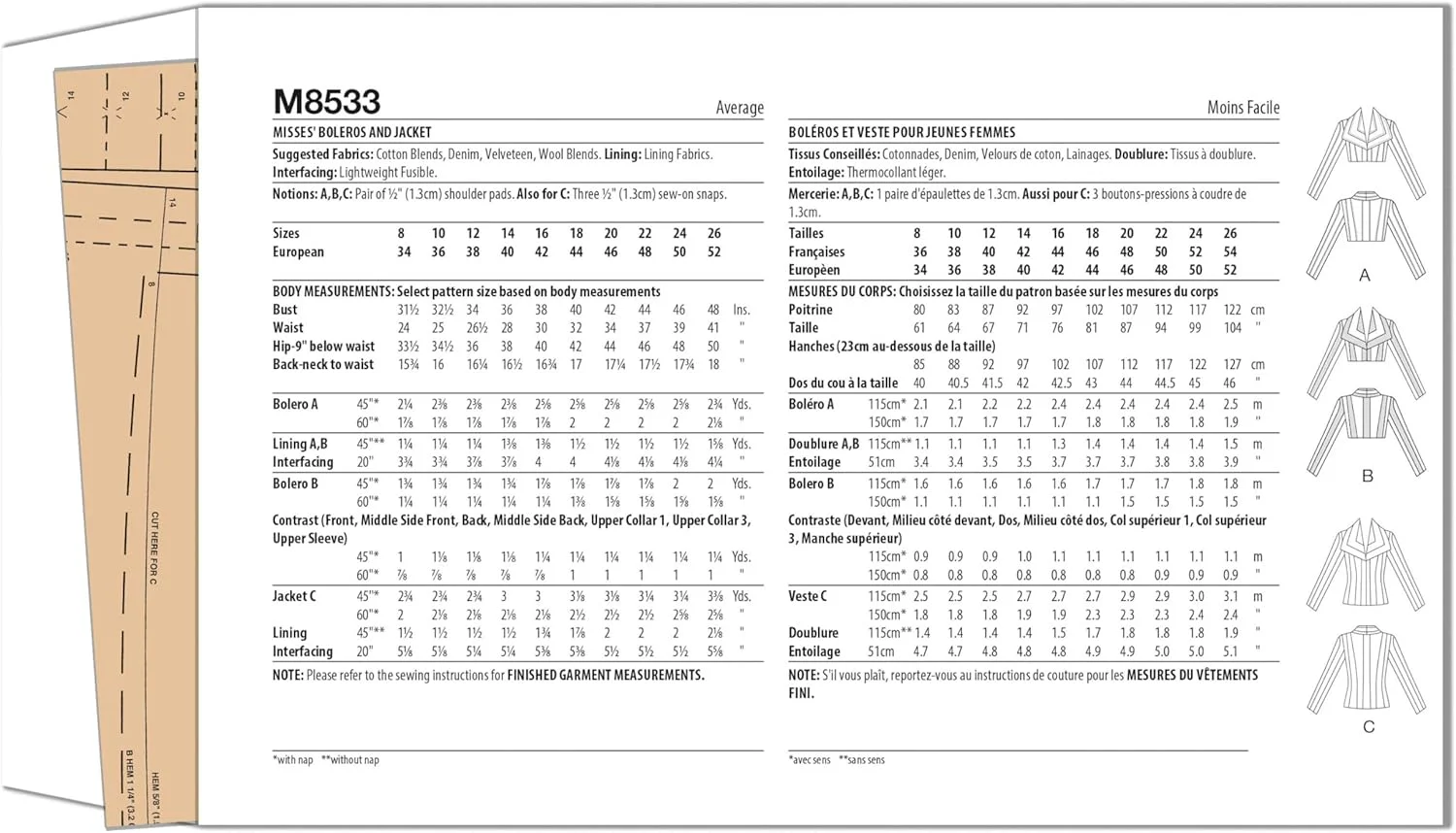 الگوی خیاطی زنانه McCall's M8533K5 برای بولرو و ژاکت، کد طراحی M8533، سایزهای 8-10-12-14-16
