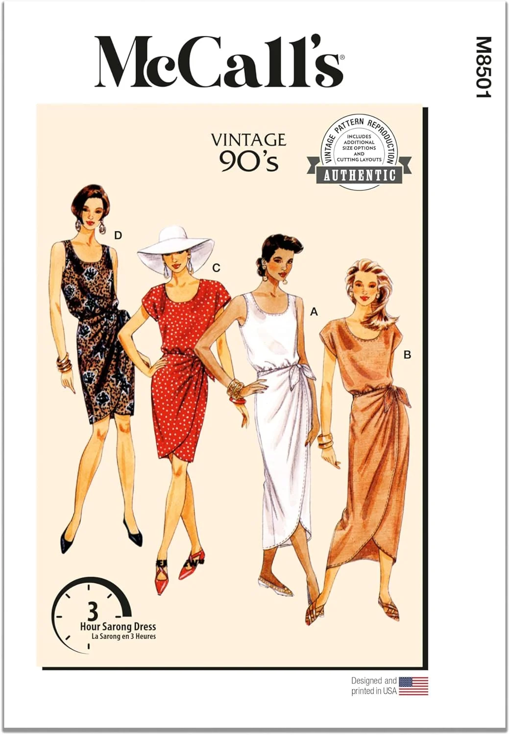 الگوی خیاطی لباس سارونگ زنانه McCall's M8501P5، طرح قدیمی دهه 1990، کد طراحی M8501، سایزهای 12-14-16-18-20