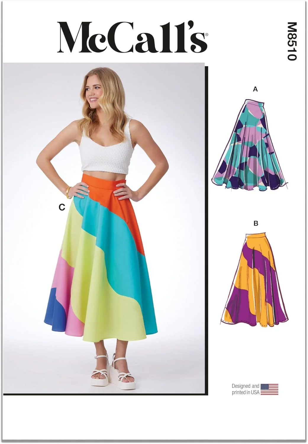 الگوی خیاطی دامن های نیمه بلند دایره ای زنانه McCall's M8510K5، کد طراحی M8510، سایزهای 8-10-12-14-16