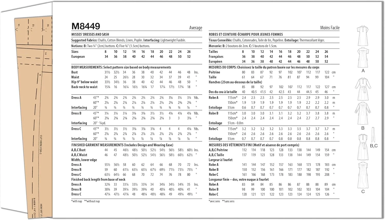 الگوی خیاطی لباس های زنانه و شال یقه گرد McCall's M8449Y5، کد طراحی M8449، سایزهای 18-20-22-24-26، چند رنگ