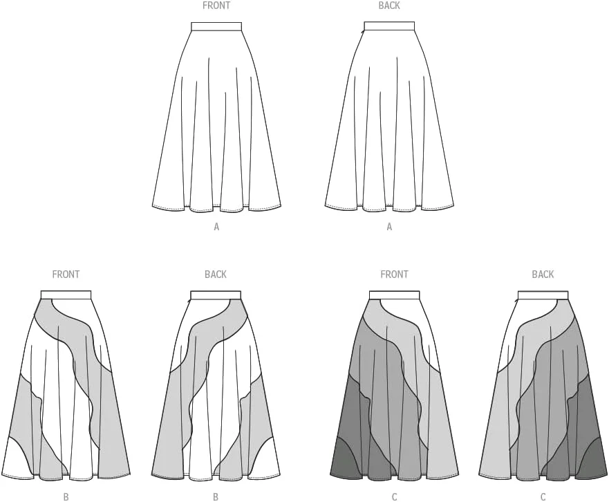 الگوی خیاطی دامن های نیمه بلند دایره ای زنانه McCall's M8510K5، کد طراحی M8510، سایزهای 8-10-12-14-16