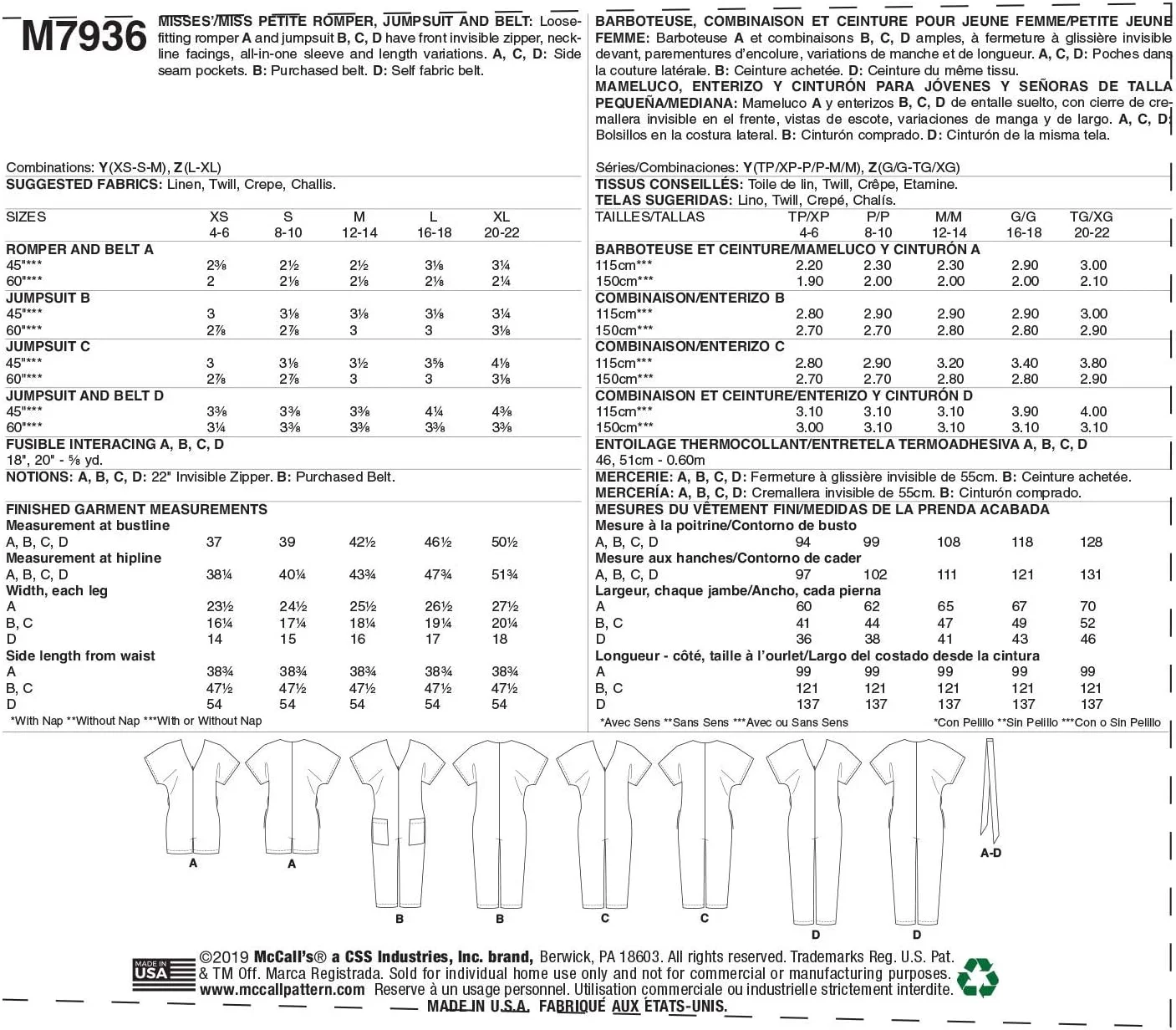 الگوی خیاطی مک کال برای رامپر و جامپسوت گشاد زنانه، سایزهای 4-14، متنوع، سفید
