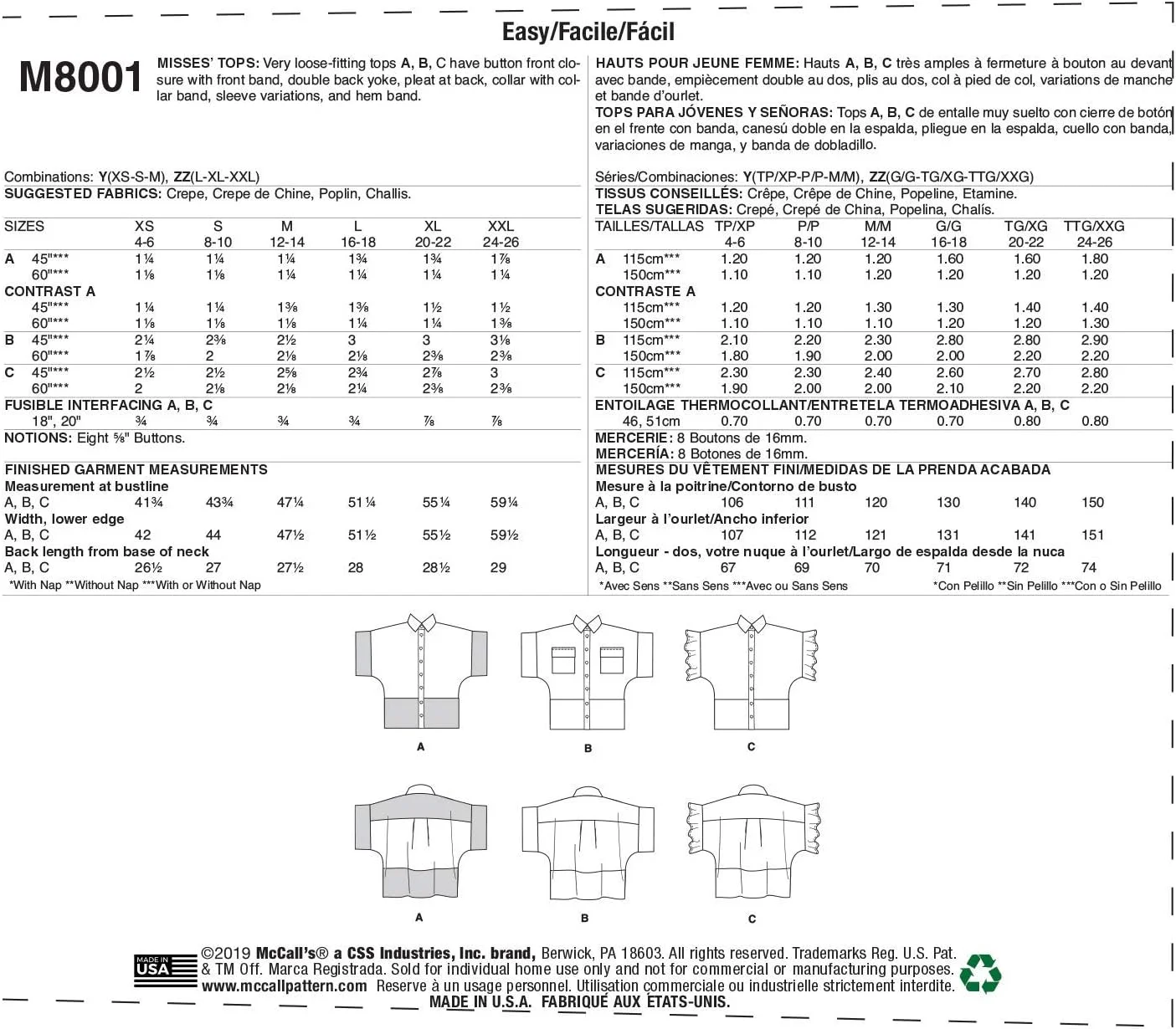الگوهای خیاطی بلوز دکمه دار گشاد زنانه آسان McCall's M8001ZZ، سایزهای 16-26