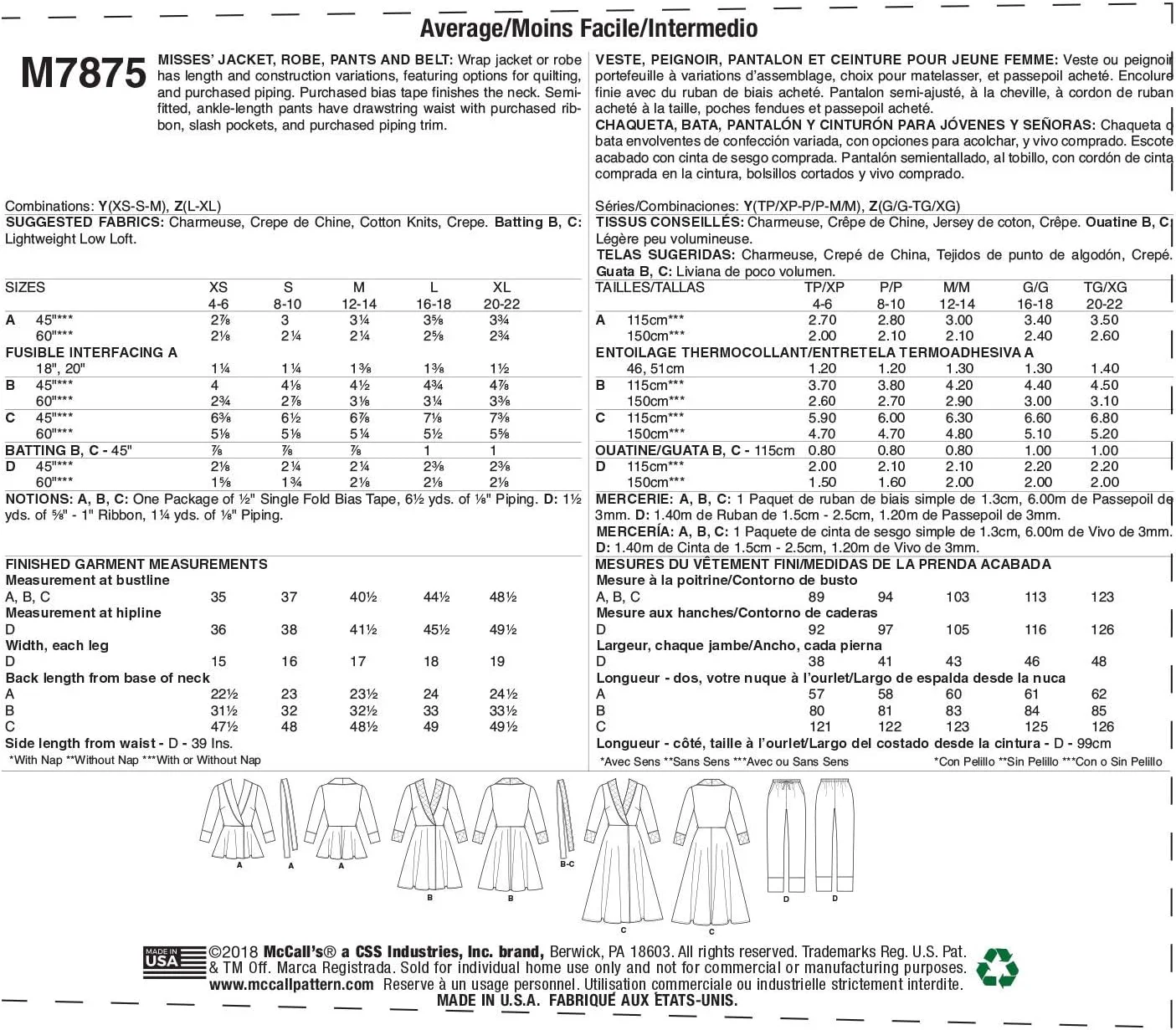 الگوی خیاطی McCall's M7875، الگو، کاغذ، ساده، L-XL