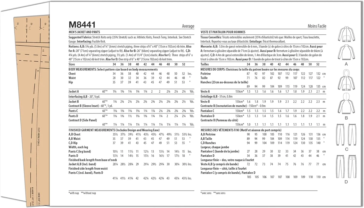 الگوی خیاطی کت و شلوار مردانه مک کالز، کد طراحی M8441، سایزهای 44-46-48-50-52
