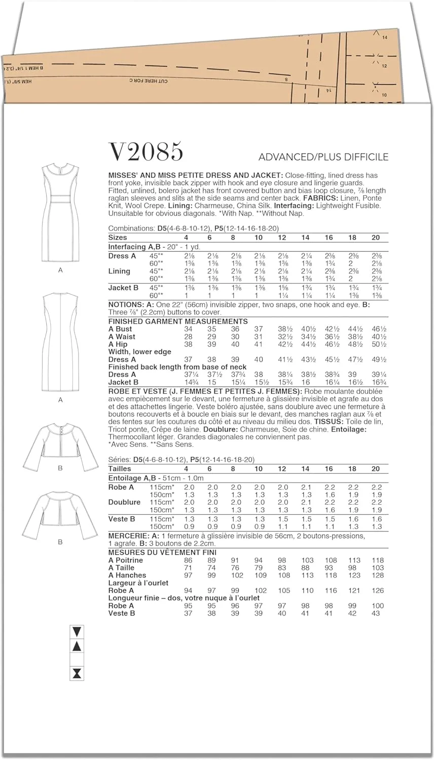 الگوی خیاطی کت زنانه و پیراهن تنگ و آستردار زنانه McCall's توسط تام و لیندا پلات، کد طراحی V2085، سایزهای 4-6-8-10-12، چند رنگ