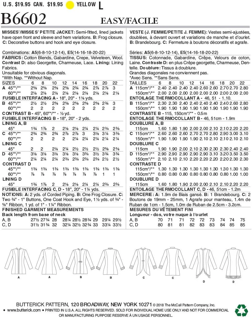الگوهای خیاطی ژاکت زنانه McCall's Butterick با بستن دکمه و باز، سایز 6-8-10-12-14، سفید
