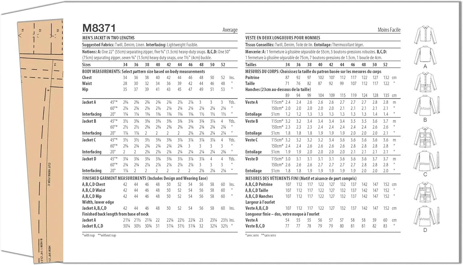 الگوی خیاطی ژاکت مردانه یقه دار مک کال، کد طراحی M8371، سایزهای 34-36-38-40-42