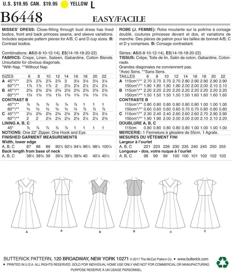 الگوهای خیاطی McCall's Butterick 6448 A5، لباس زنانه، سایزهای 6-14، کاغذی، چند رنگ، 17 x 0.5 x 22 سانتی متر