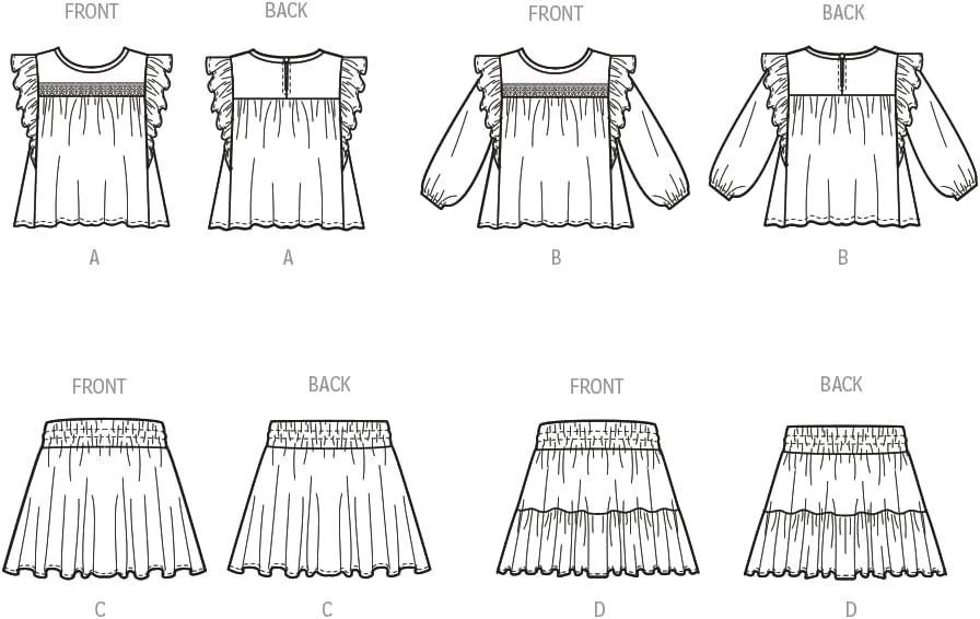الگوی خیاطی تاپ و دامن بچگانه و دخترانه مک کالز، کد طراحی M8373، سایزهای 7-8-10-12-14، چند رنگ