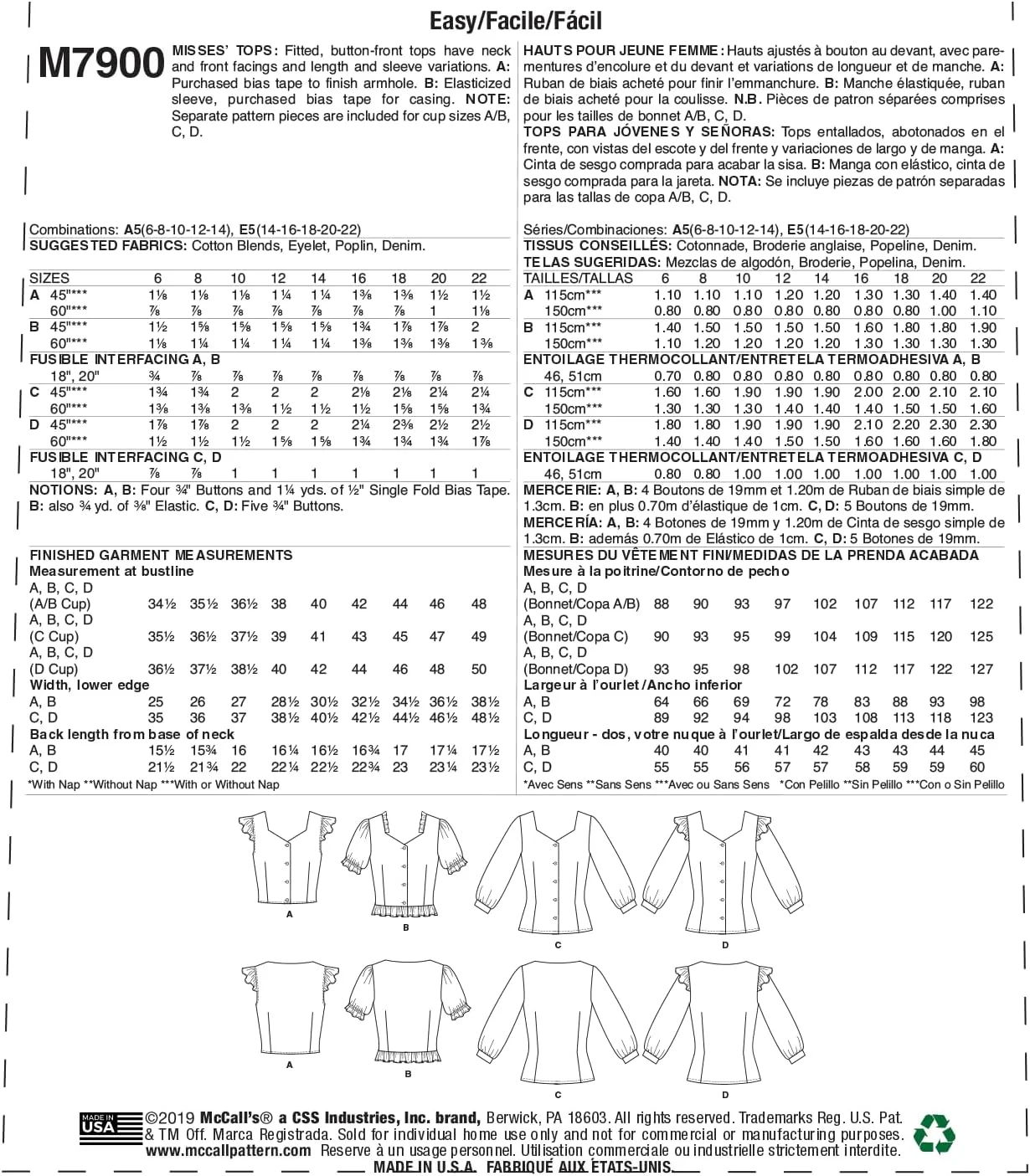 الگوی خیاطی McCall برای بلوز آستین مچی زنانه، سایزهای 6-14 الگوی خیاطی McCall برای بلوز آستین مچی زنانه، سایزهای 6-14