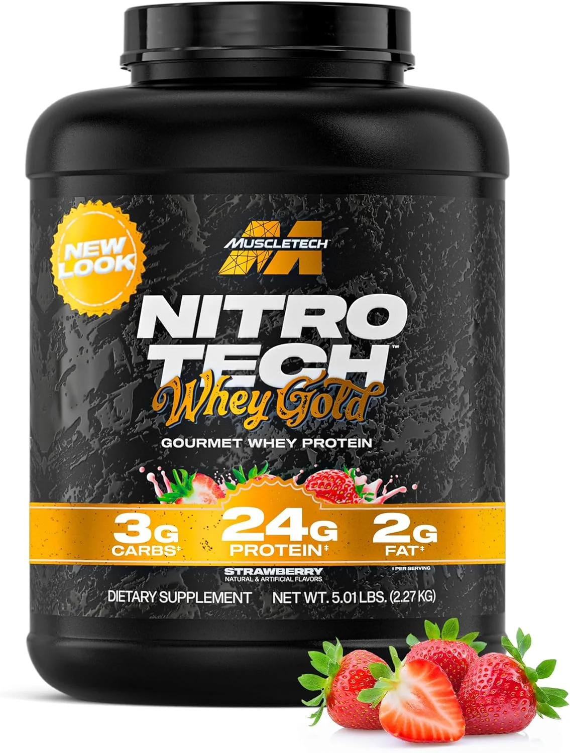 Muscletech Nitro Tech Whey Gold با پپتیدها و ایزوله منبع اصلی، پشتیبانی از ریکاوری، بدون گلوتن - 24 گرم پروتئین، 5.4 گرم BCAAs و 4 گرم گلوتامین و پیش ساز، طعم کیک توت فرنگی، 5.00 پوند