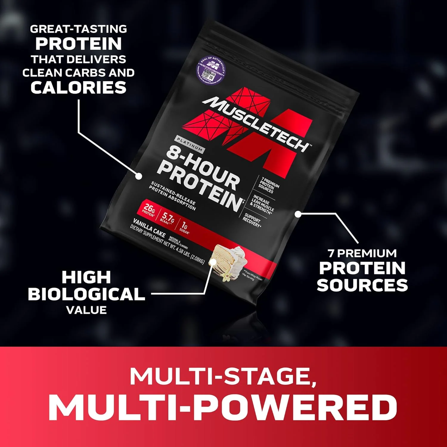 پروتئین 8 ساعته پلاتینیوم ماسل تک با جذب طولانی مدت و فرمول بیولوژیکی ترکیبی ممتاز برای کمک به افزایش عضله و قدرت و پشتیبانی از ریکاوری، طعم کیک وانیلی 4.60 پوند پروتئین 8 ساعته پلاتینیوم ماسل تک با جذب طولانی مدت و فرمول بیولوژیکی ترکیبی ممتاز برای کمک به افزایش عضله و قدرت و پشتیبانی از ریکاوری، طعم کیک وانیلی 4.60 پوند