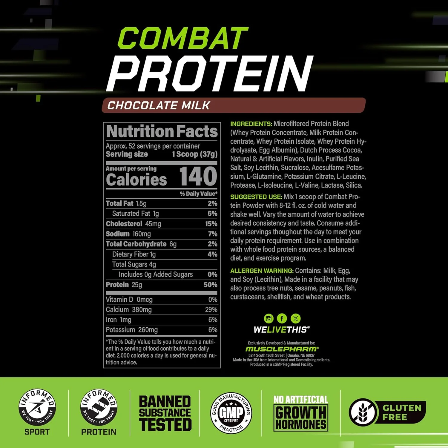 پودر پروتئین کامبت MusclePharm، مخلوط 5 پروتئینی، شیر شکلاتی، 4.1 پوند، 52 سروینگ پودر پروتئین کامبت MusclePharm، مخلوط 5 پروتئینی، شیر شکلاتی، 4.1 پوند، 52 سروینگ