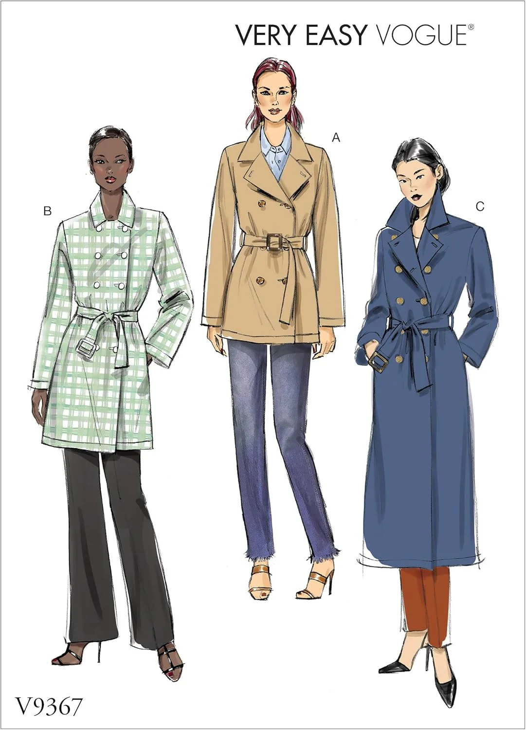 الگوهای خیاطی ژاکت و کمربند زنانه Vogue V9367Y بسیار آسان، بدون آستر، دکمه دوبل، سایزهای 4-14