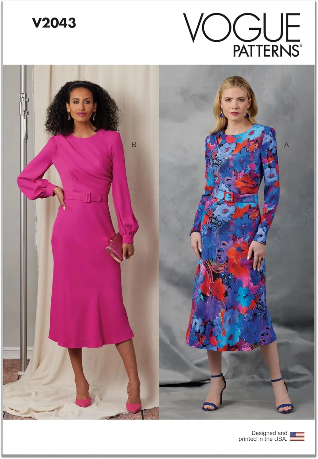 الگوی خیاطی لباس زنانه بدون آستر Vogue V2043U5 به همراه کمربند ست، کد طراحی V2043، سایزهای 16-18-20-22-24