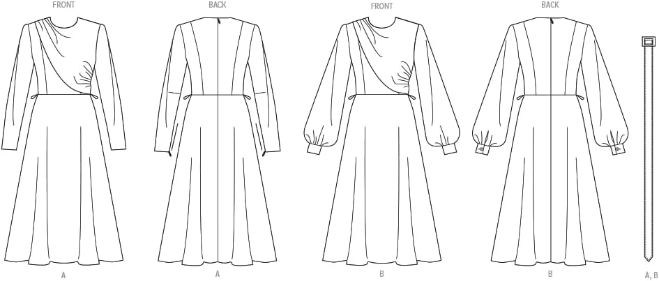 الگوی خیاطی لباس زنانه بدون آستر Vogue V2043U5 به همراه کمربند ست، کد طراحی V2043، سایزهای 16-18-20-22-24