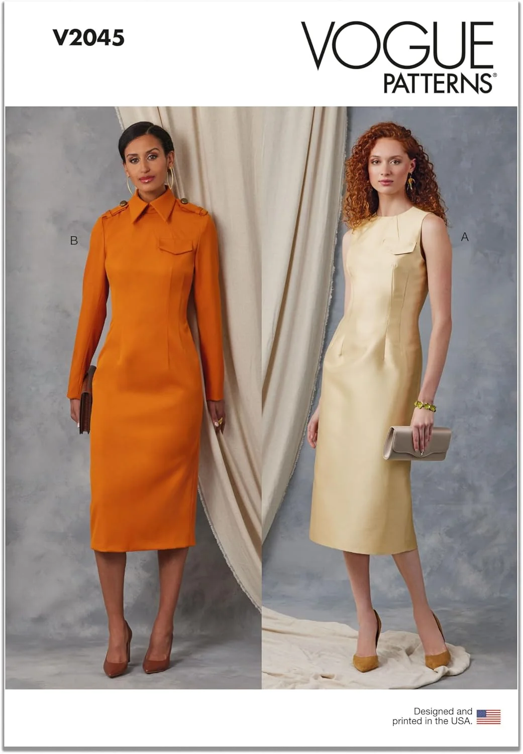 الگوی خیاطی لباس مجلسی زنانه تنگ و آستردار Vogue V2045B5، کد طراحی V2045، سایزهای 8-10-12-14-16