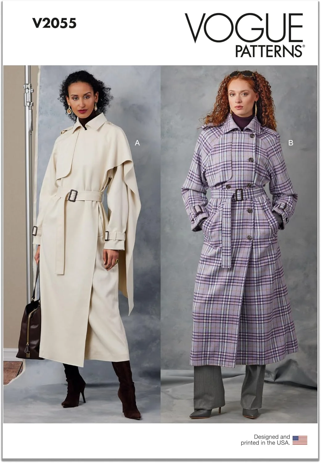 الگوی خیاطی زنانه Vogue V2055B5 برای ترانچ کت های آستردار گشاد و کمربند، کد طراحی V2055، سایزهای 8-10-12-14-16