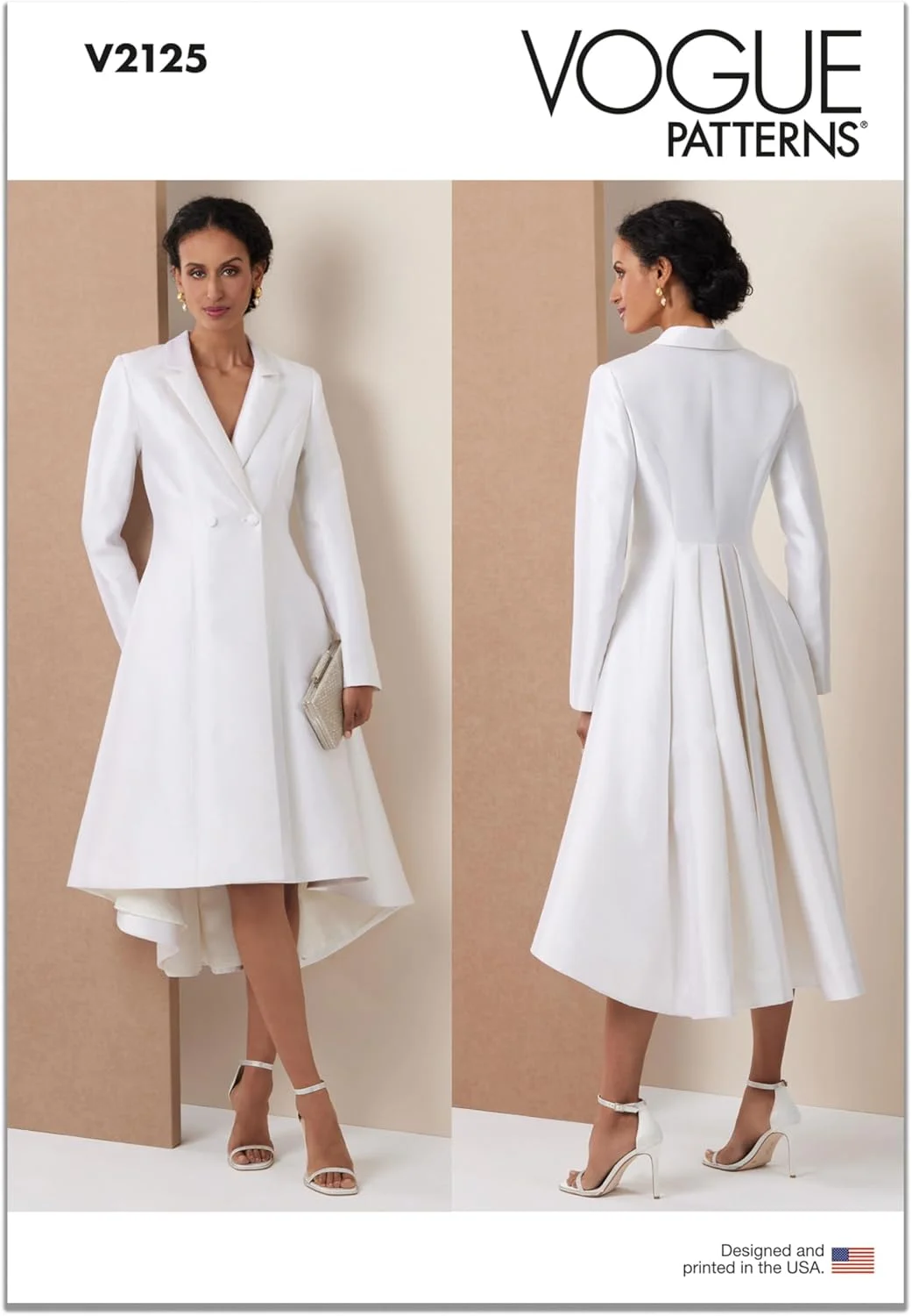 الگوی خیاطی لباس مجلسی زنانه Vogue V2125D5 با سایزهای کوچک، مدل کت دامن دبل برست، کد طراحی V2125، سایزهای 4-6-8-10-12