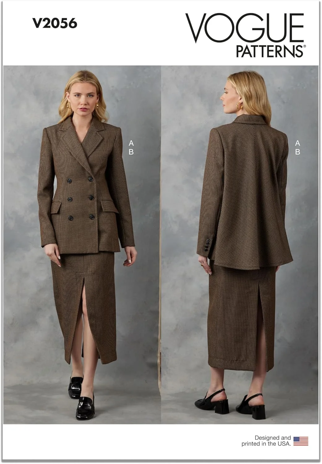 الگوی خیاطی کت نیمه فیت و آستر دار زنانه Vogue V2056Y5 و دامن نیمه فیت بدون آستر، کد طراحی V2056، سایزهای 18-20-22-24-26