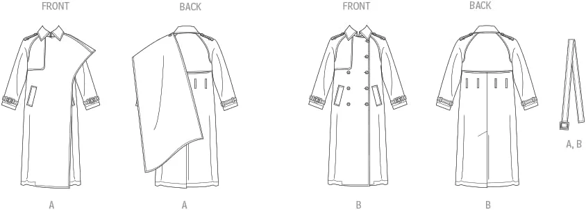 الگوی خیاطی زنانه Vogue V2055B5 برای ترانچ کت های آستردار گشاد و کمربند، کد طراحی V2055، سایزهای 8-10-12-14-16