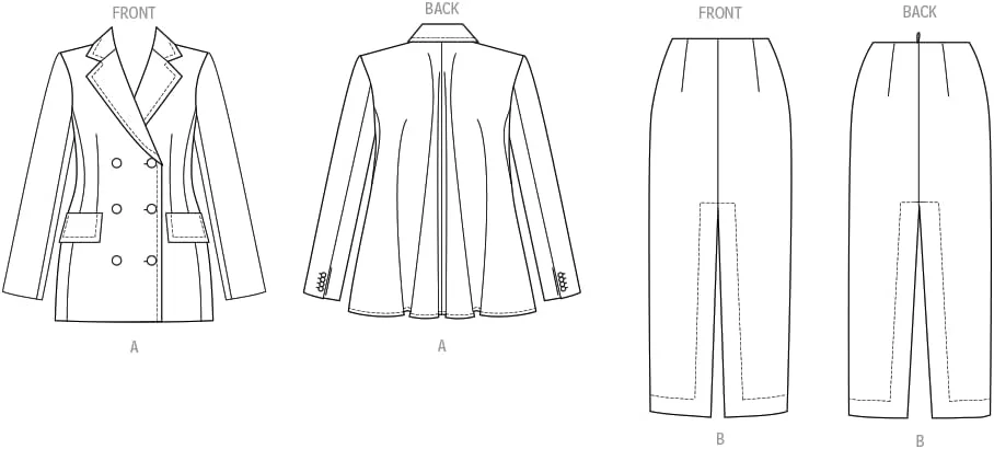 الگوی خیاطی کت نیمه فیت و آستر دار زنانه Vogue V2056Y5 و دامن نیمه فیت بدون آستر، کد طراحی V2056، سایزهای 18-20-22-24-26