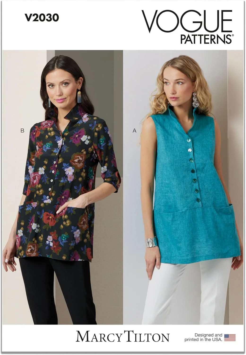 الگوی خیاطی تونیک های A-line زنانه Vogue V2030B5 توسط Marcy Tilton، کد طراحی V2030، سایزهای 8-10-12-14-16