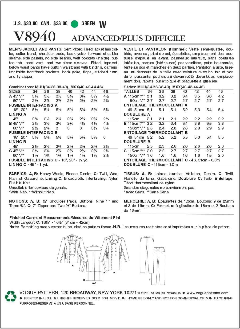 الگوهای Vogue V8940 سایز XX 40-42-44-46 کت و شلوار مردانه، بسته 1 عددی، سفید