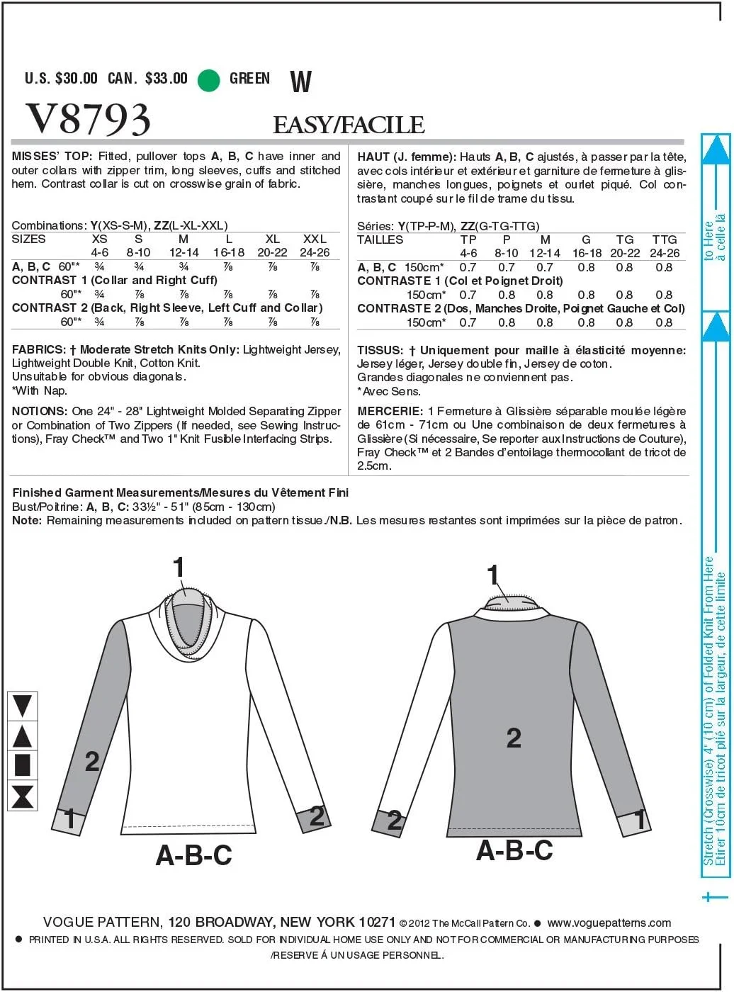 الگوهای Vogue V8793 سایز ZZ بزرگ/خیلی بزرگ/XXL تاپ زنانه