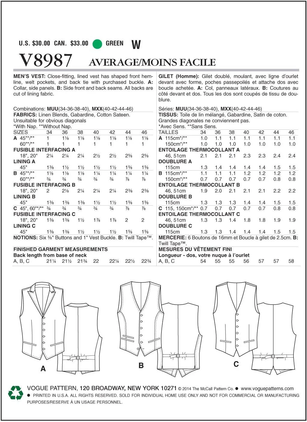 الگوی خیاطی جلیقه مردانه Vogue Patterns V8987MXX، سایز MXX (40-42-44-46)