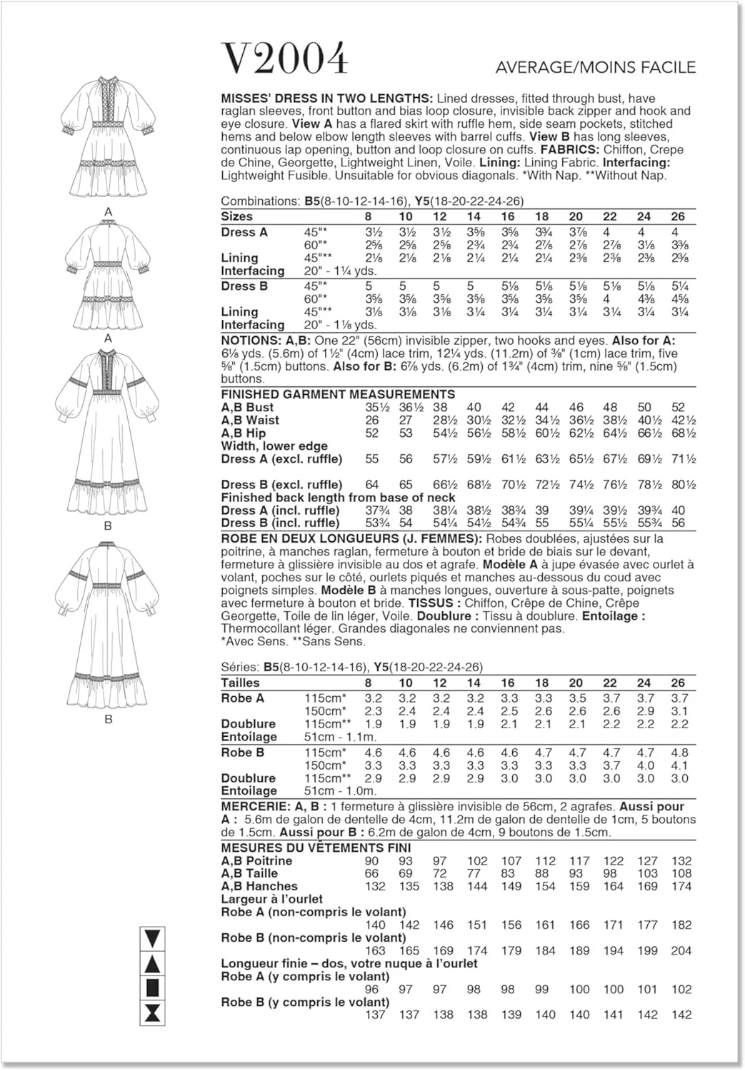 الگوهای Vogue V2004Y5 لباس زنانه در دو قد Y5 (18-20-22-24-26)