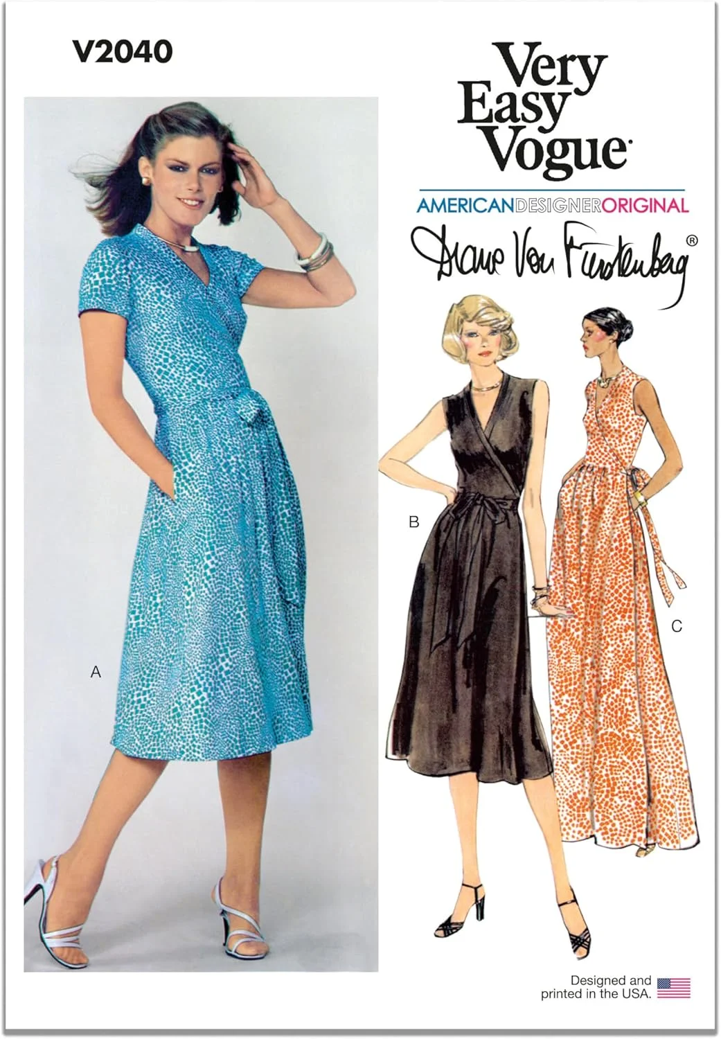 الگوهای Vogue V2040U5 لباس مجلسی زنانه DVF Wrap Dress، بسته خیاطی توسط Diane Von Furstenberg، کد طراحی V2040، سایزهای 16-18-20-22-24