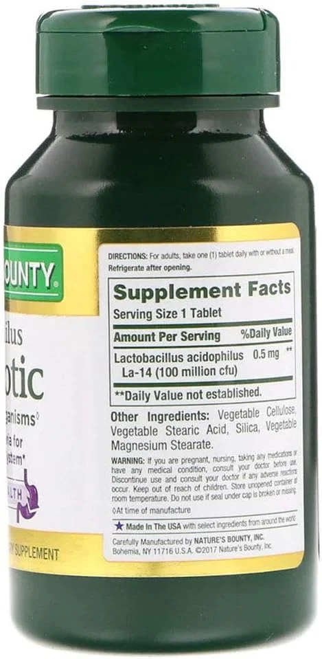 مکمل غذایی اسیدوفیلوس بدون لبنیات و گلوتن Nature's Bounty Probiotic با باکتری های مفید (120 قرص)