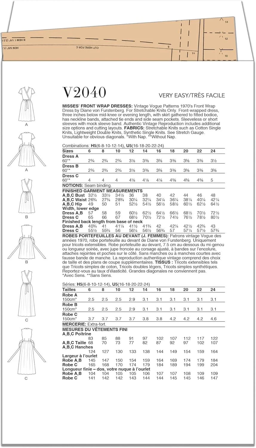 الگوهای Vogue V2040U5 لباس مجلسی زنانه DVF Wrap Dress، بسته خیاطی توسط Diane Von Furstenberg، کد طراحی V2040، سایزهای 16-18-20-22-24