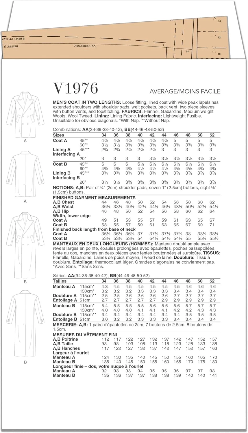 الگوهای Vogue V1976BB کت مردانه در دو قد BB (44-46-48-50-52)