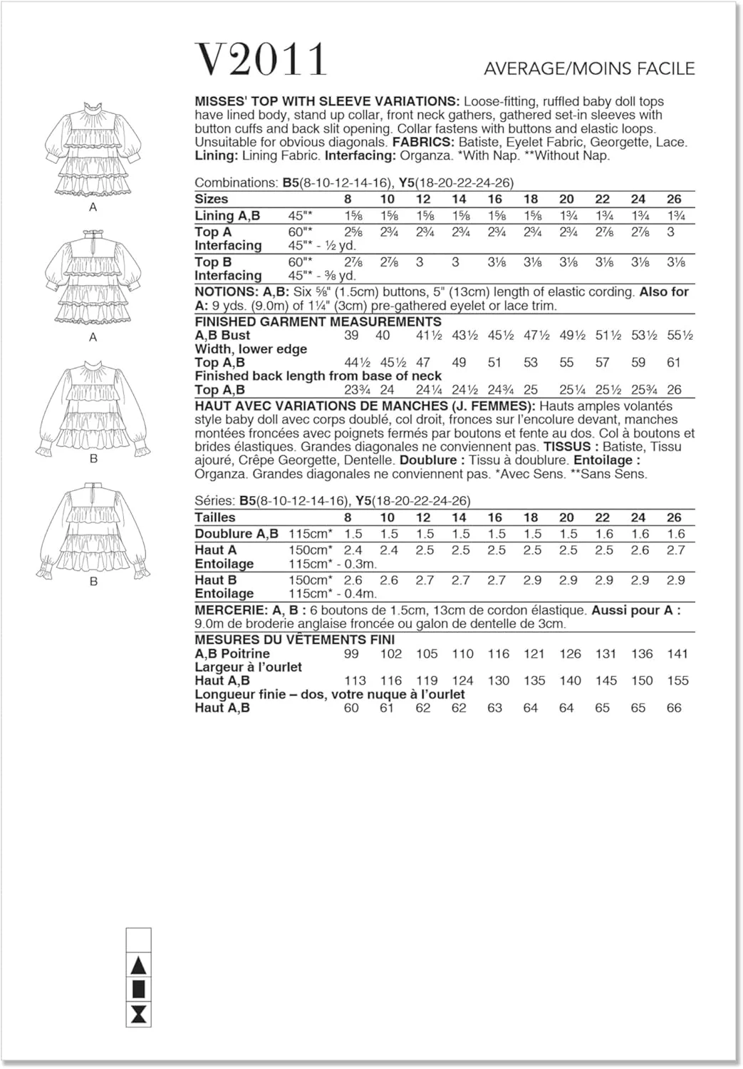 الگوهای Vogue V2011Y5 تاپ زنانه با مدل های مختلف آستین Y5 (18-20-22-24-26)