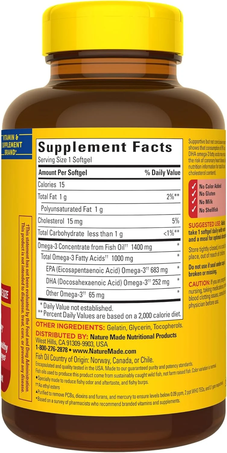 Nature Made Ultra Omega-3 بدون آروغ با روغن ماهی 1400 میلی گرم، مکمل غذایی برای حمایت از سلامت قلب، 90 سافت ژل، تامین 90 روزه Nature Made Ultra Omega-3 بدون آروغ با روغن ماهی 1400 میلی گرم، مکمل غذایی برای حمایت از سلامت قلب، 90 سافت ژل، تامین 90 روزه