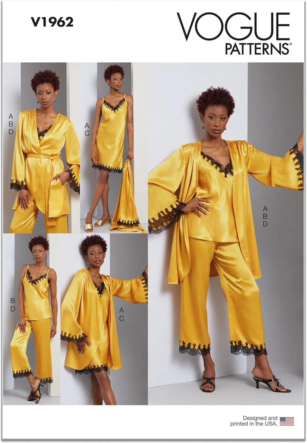 الگوهای Vogue V1962A5 مخصوص بانوان: روپوش، تاپ رکابی، پیراهن زیر و شلوار A5 (سایزهای 6-8-10-12-14)