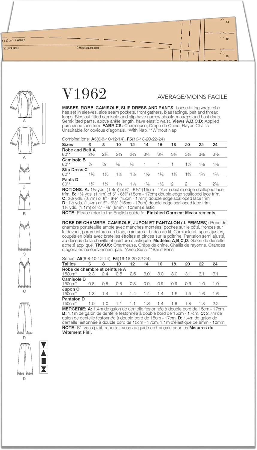 الگوهای Vogue V1962F5، روب، تاپ رکابی، پیراهن زیر و شلوار زنانه F5(16-18-20-22-24)