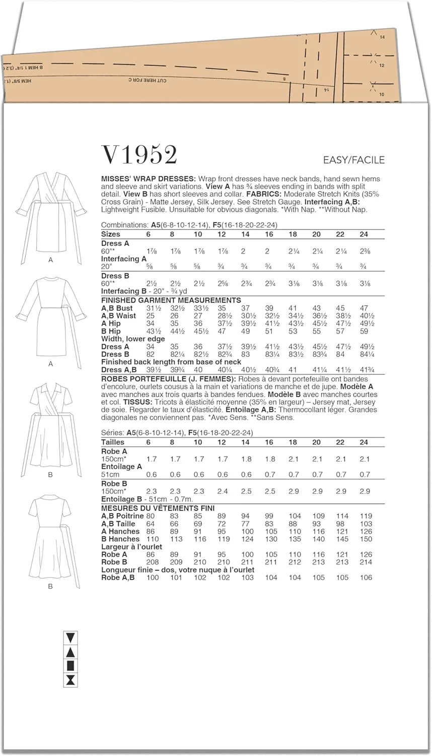 الگوهای Vogue V1952F5، لباس‌های زنانه مدل رپ، سایز F5 (16-18-20-22-24)