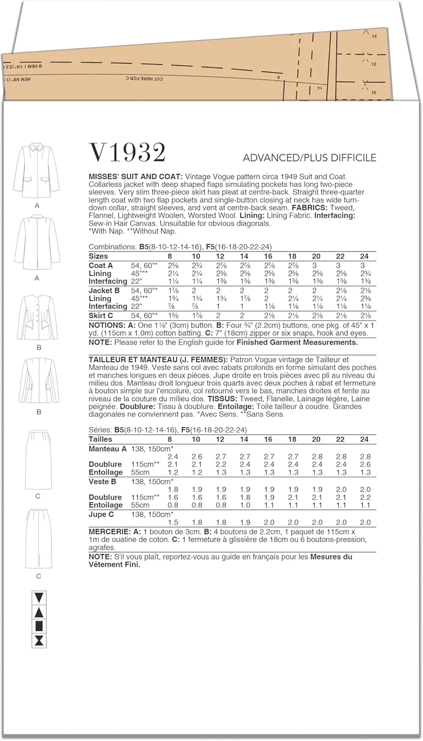 الگوهای Vogue V1932F5 کت و دامن و کت زنانه وینتیج F5 (16-18-20-22-24) الگوهای Vogue V1932F5 کت و دامن و کت زنانه وینتیج F5 (16-18-20-22-24)