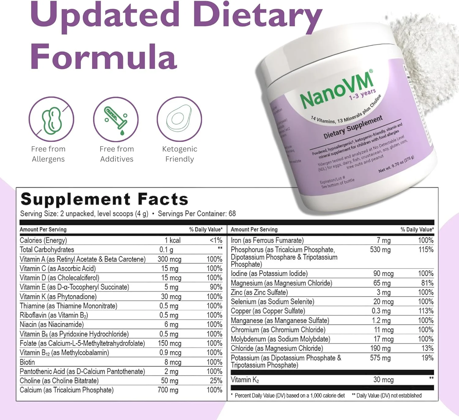 NanoVM 1-3 سال، مولتی ویتامین بدون آلرژن برای کودکان، مکمل غذایی بدون طعم، مکمل پودری با 14 ویتامین و 13 ماده معدنی، ویتامین های کم کربوهیدرات برای کودکان نوپا، 275 گرم - Solace Nutrition NanoVM 1-3 سال، مولتی ویتامین بدون آلرژن برای کودکان، مکمل غذایی بدون طعم، مکمل پودری با 14 ویتامین و 13 ماده معدنی، ویتامین های کم کربوهیدرات برای کودکان نوپا، 275 گرم - Solace Nutrition