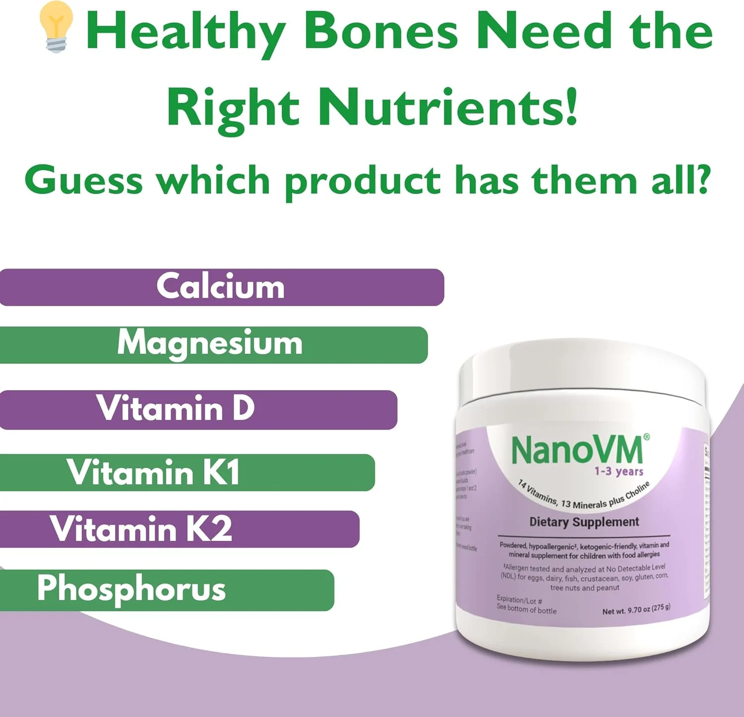 NanoVM 1-3 سال، مولتی ویتامین بدون آلرژن برای کودکان، مکمل غذایی بدون طعم، مکمل پودری با 14 ویتامین و 13 ماده معدنی، ویتامین های کم کربوهیدرات برای کودکان نوپا، 275 گرم - Solace Nutrition NanoVM 1-3 سال، مولتی ویتامین بدون آلرژن برای کودکان، مکمل غذایی بدون طعم، مکمل پودری با 14 ویتامین و 13 ماده معدنی، ویتامین های کم کربوهیدرات برای کودکان نوپا، 275 گرم - Solace Nutrition