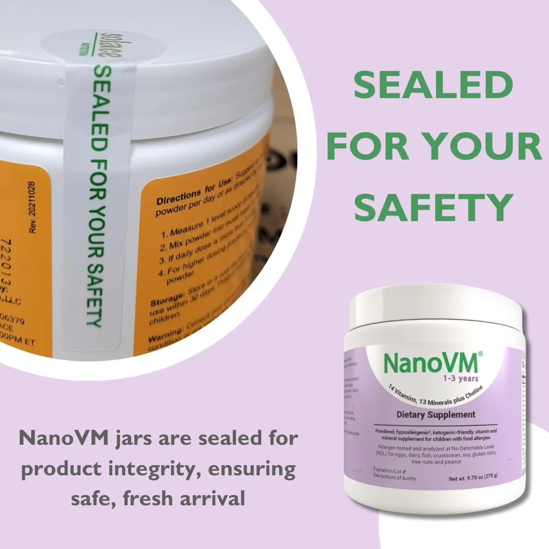 NanoVM 1-3 سال، مولتی ویتامین بدون آلرژن برای کودکان، مکمل غذایی بدون طعم، مکمل پودری با 14 ویتامین و 13 ماده معدنی، ویتامین های کم کربوهیدرات برای کودکان نوپا، 275 گرم - Solace Nutrition NanoVM 1-3 سال، مولتی ویتامین بدون آلرژن برای کودکان، مکمل غذایی بدون طعم، مکمل پودری با 14 ویتامین و 13 ماده معدنی، ویتامین های کم کربوهیدرات برای کودکان نوپا، 275 گرم - Solace Nutrition