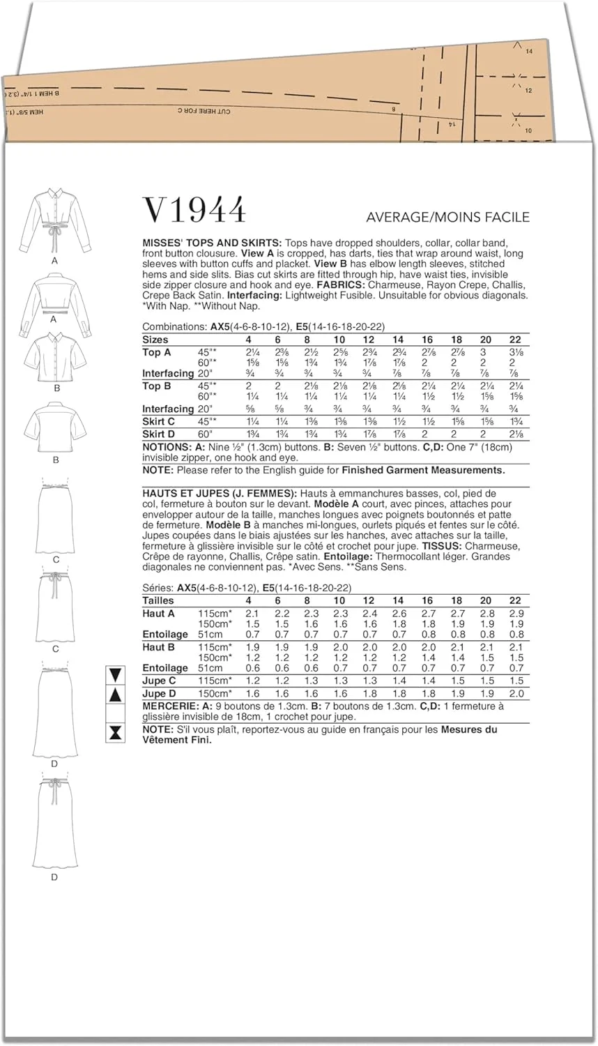 الگوهای Vogue V1944AX5 تاپ و دامن زنانه AX5(4-6-8-10-12) الگوهای Vogue V1944AX5 تاپ و دامن زنانه AX5(4-6-8-10-12)