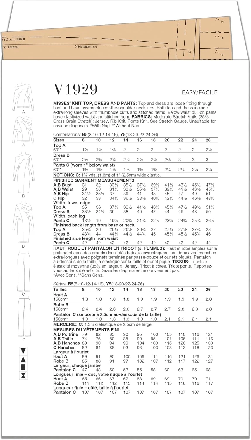 الگوهای Vogue V1929Y5 تاپ، پیراهن و شلوار زنانه Y5 (18-20-22-24-26)
