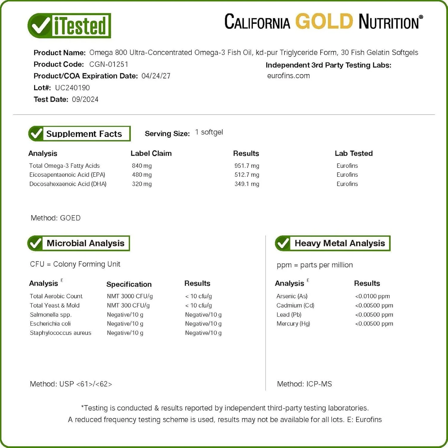 Madre Labs California Gold Nutrition، روغن ماهی امگا 800 با گرید دارویی، 80% EPA/DHA، فرم تری گلیسیرید، 1000 میلی گرم، 30 سافت ژل ژلاتینی ماهی Madre Labs California Gold Nutrition، روغن ماهی امگا 800 با گرید دارویی، 80% EPA/DHA، فرم تری گلیسیرید، 1000 میلی گرم، 30 سافت ژل ژلاتینی ماهی