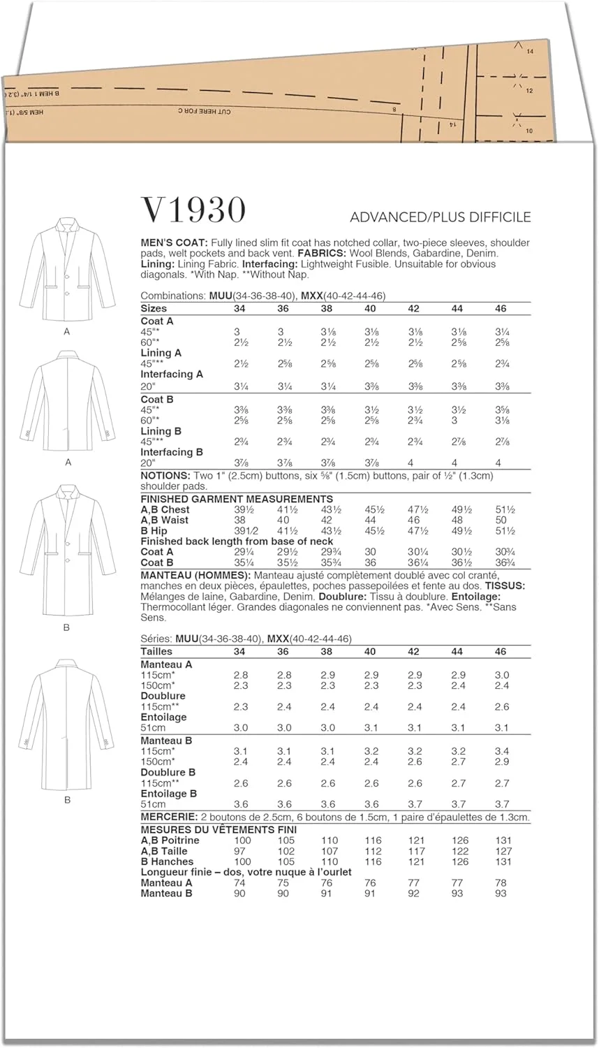 الگوهای Vogue V1930MUU کت مردانه MUU (34-36-38-40)