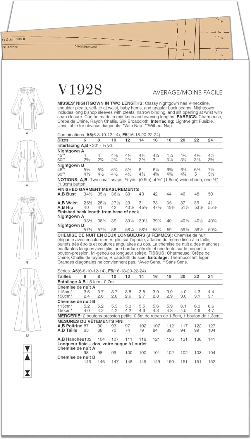 الگوهای Vogue V1928F5 لباس خواب زنانه در دو قد F5 (16-18-20-22-24)